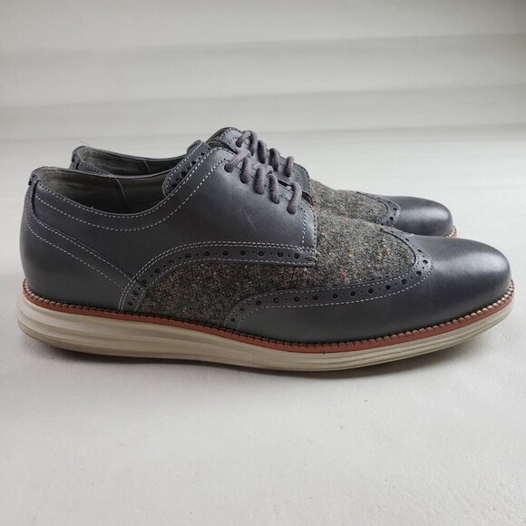 Cole Haan Lunargrand Oxford Mens 11 Gray Leather Wool Wingtip Lace Up Dress Shoe - Picture 2 of 12